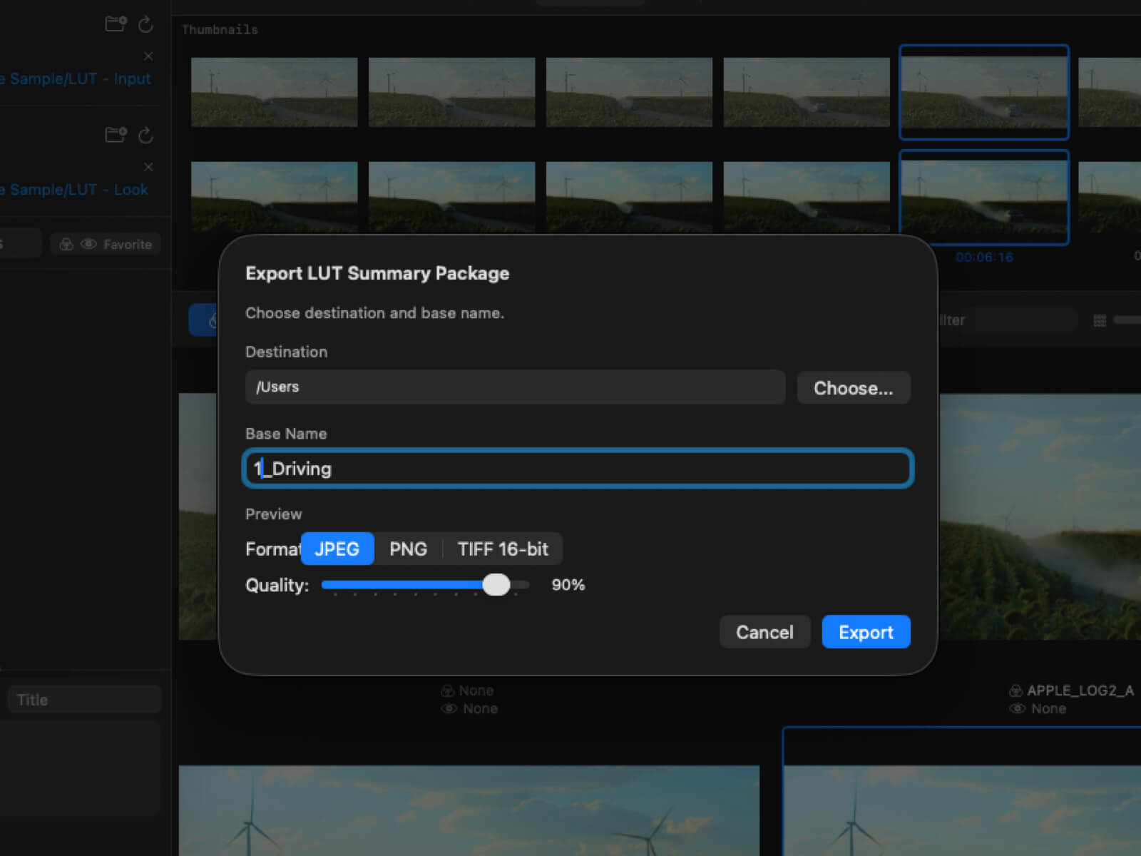LUT Summary Package書き出し — JPEG/PNG/TIFF 16-bitのフォーマット選択シート