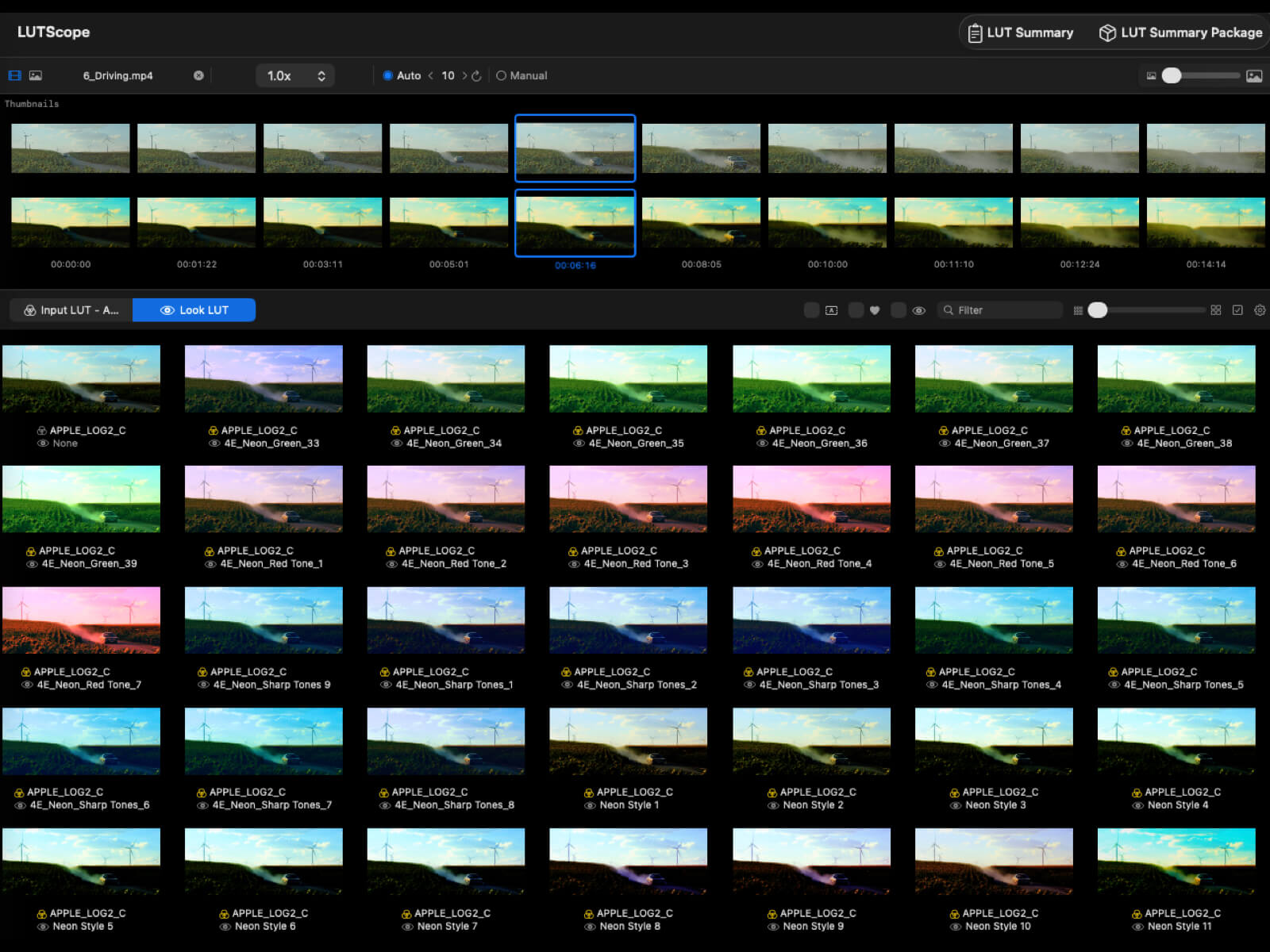 LUTScopeメインウィンドウ — LUTサイドバー・サムネイルストリップ・LUTグリッド