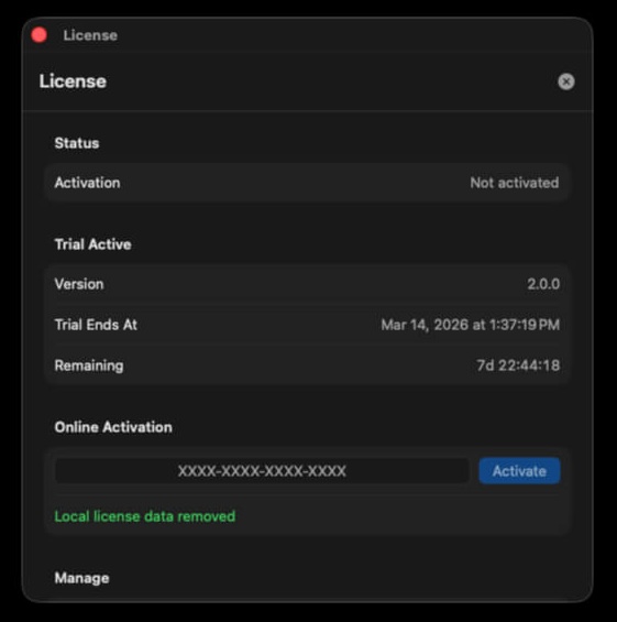Licenseウィンドウ — ステータス・トライアル情報・Activateボタン
