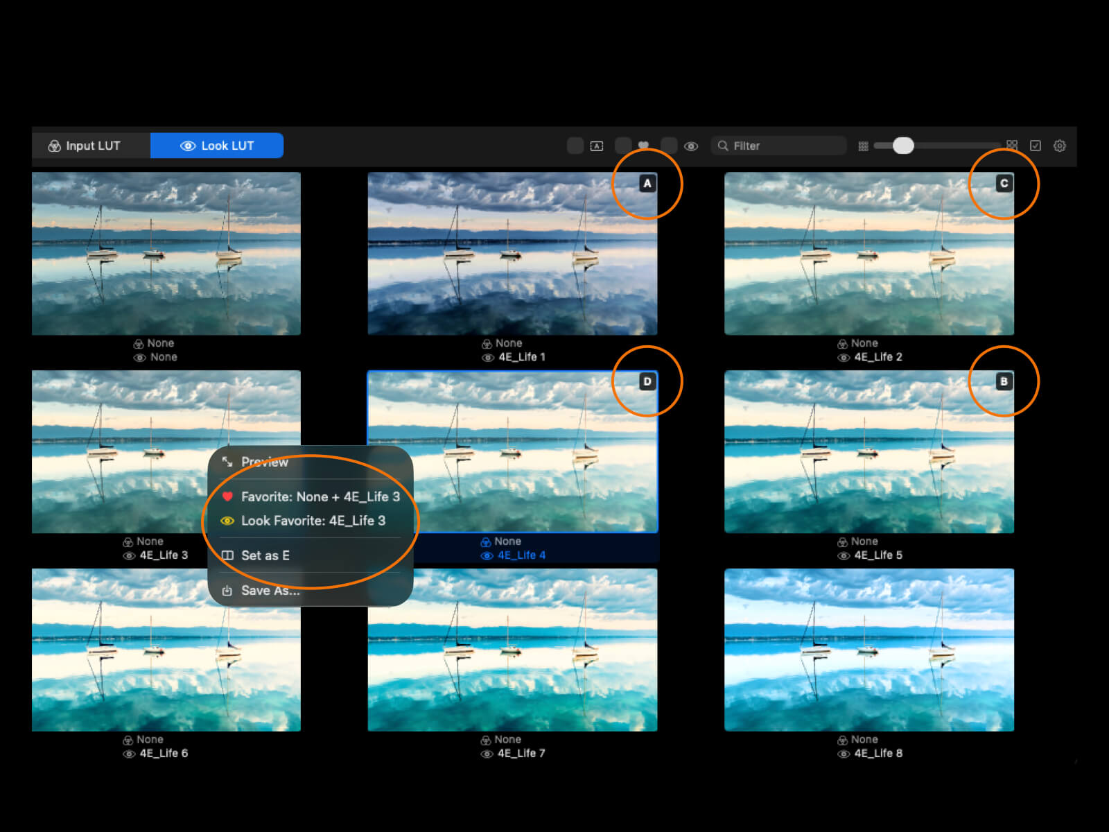 スロットバッジ（A, B, C, D）が右上に表示されたLUTグリッドセルとコンテキストメニュー
